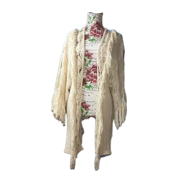 Jessica Simpson XS Oversized Fringed Duster Creme Ribbed Knit Boho Cowgirl - Picture 1 of 9